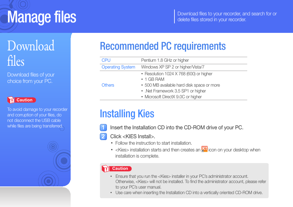 Manage files, Download files, Recommended pc requirements | Installing kies | Samsung YP-VP2 User Manual | Page 17 / 45