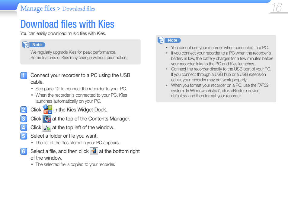 Download files with kies, Manage files, Download files | Samsung YP-VP2 User Manual | Page 18 / 45