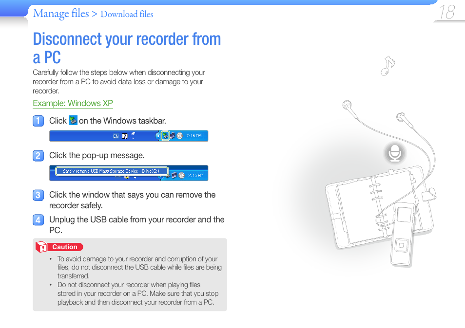 Disconnect your recorder from a pc, Manage files | Samsung YP-VP2 User Manual | Page 20 / 45