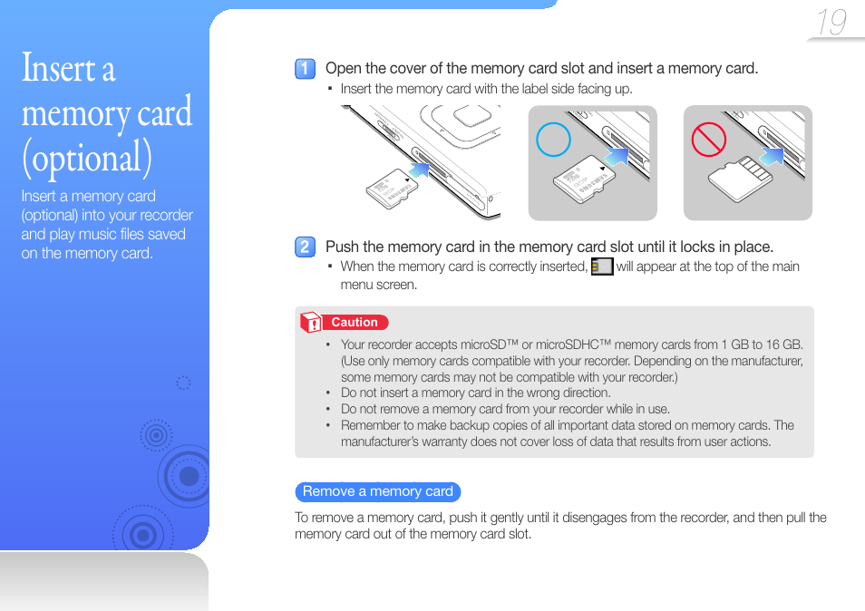Insert a memory card (optional) | Samsung YP-VP2 User Manual | Page 21 / 45
