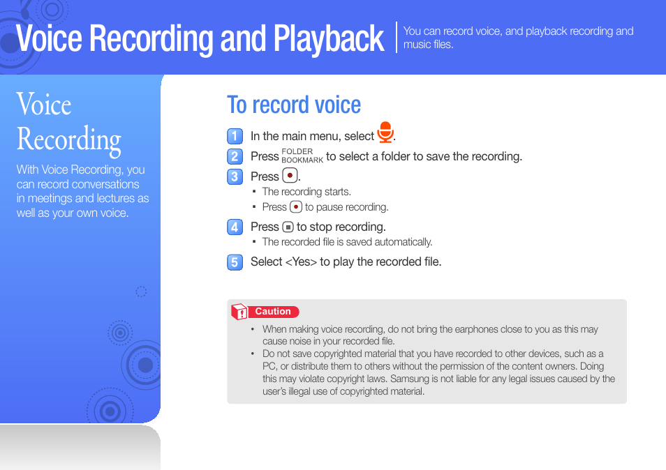 Voice recording and playback, Voice recording, To record voice | Voice recording and, Playback | Samsung YP-VP2 User Manual | Page 23 / 45