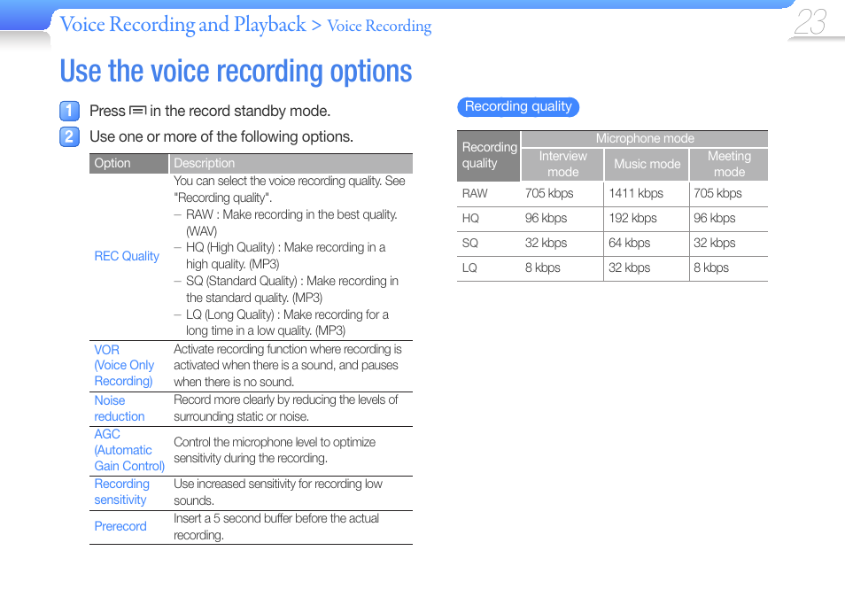 Use the voice recording options, Voice recording and playback, Voice recording | Samsung YP-VP2 User Manual | Page 25 / 45