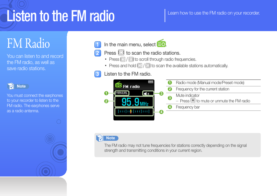 Listen to the fm radio, Fm radio | Samsung YP-VP2 User Manual | Page 32 / 45