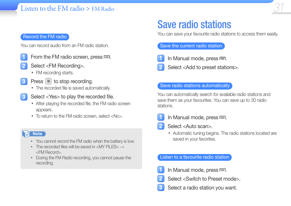 Save radio stations, Listen to the fm radio, Fm radio | Samsung YP-VP2 User Manual | Page 33 / 45