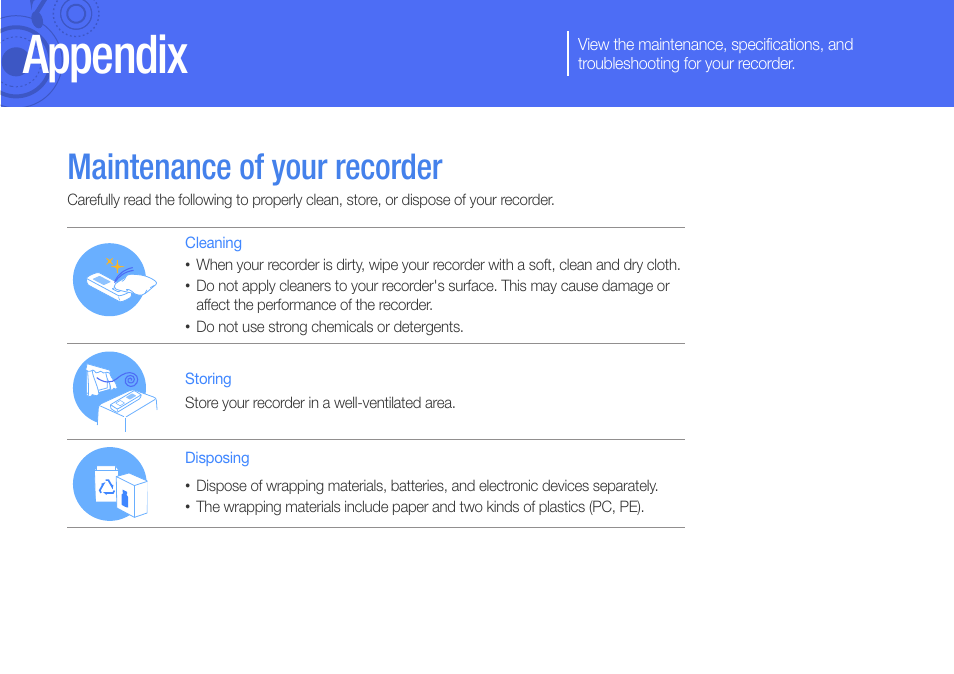 Appendix, Maintenance of your recorder | Samsung YP-VP2 User Manual | Page 37 / 45