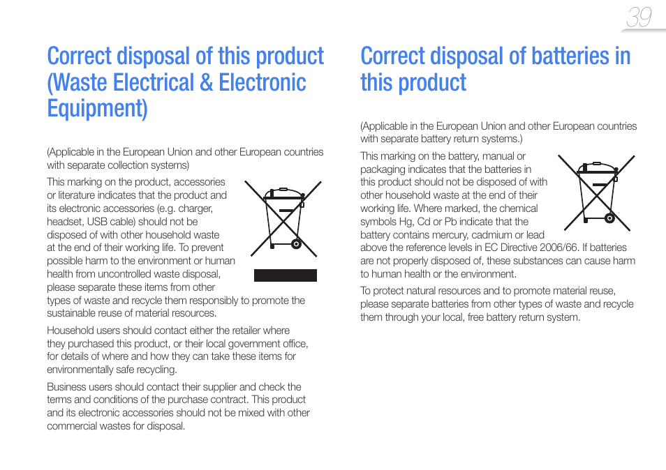 Correct disposal of batteries in this product, Correct disposal of this product, Waste electrical & electronic | Equipment), Correct disposal of batteries in, This product | Samsung YP-VP2 User Manual | Page 41 / 45