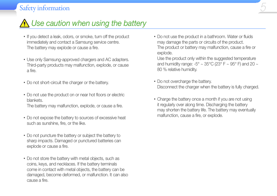 Use caution when using the battery, Safety information | Samsung YP-VP2 User Manual | Page 7 / 45