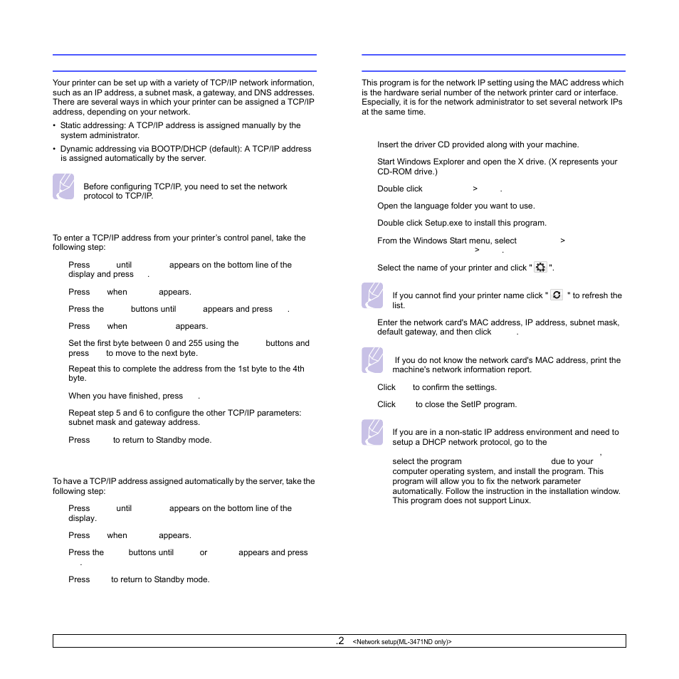 Configuring tcp/ip, Static addressing, Dynamic addressing (bootp/dhcp) | Using setip program, Configuring tcp/ip using setip program, Age 4.2 | Samsung ML-3470 User Manual | Page 27 / 103