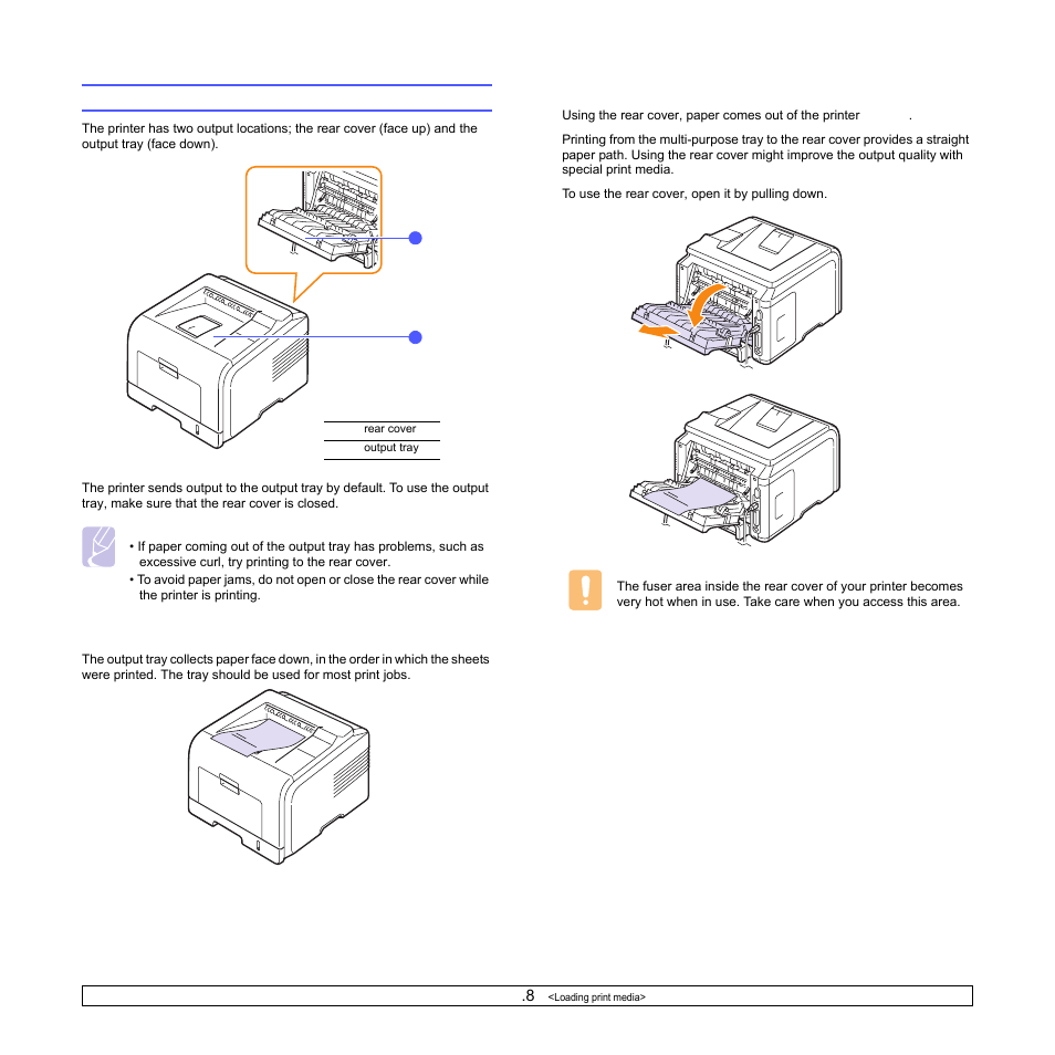 Selecting an output location, Printing to the output tray (face down), Printing to the rear cover (face up) | Printing to the output tray, Printing to the rear cover | Samsung ML-3470 User Manual | Page 36 / 103
