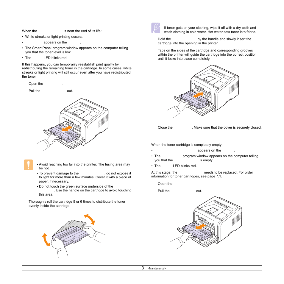 Redistributing toner cartridge, Replacing the toner cartridge | Samsung ML-3470 User Manual | Page 41 / 103