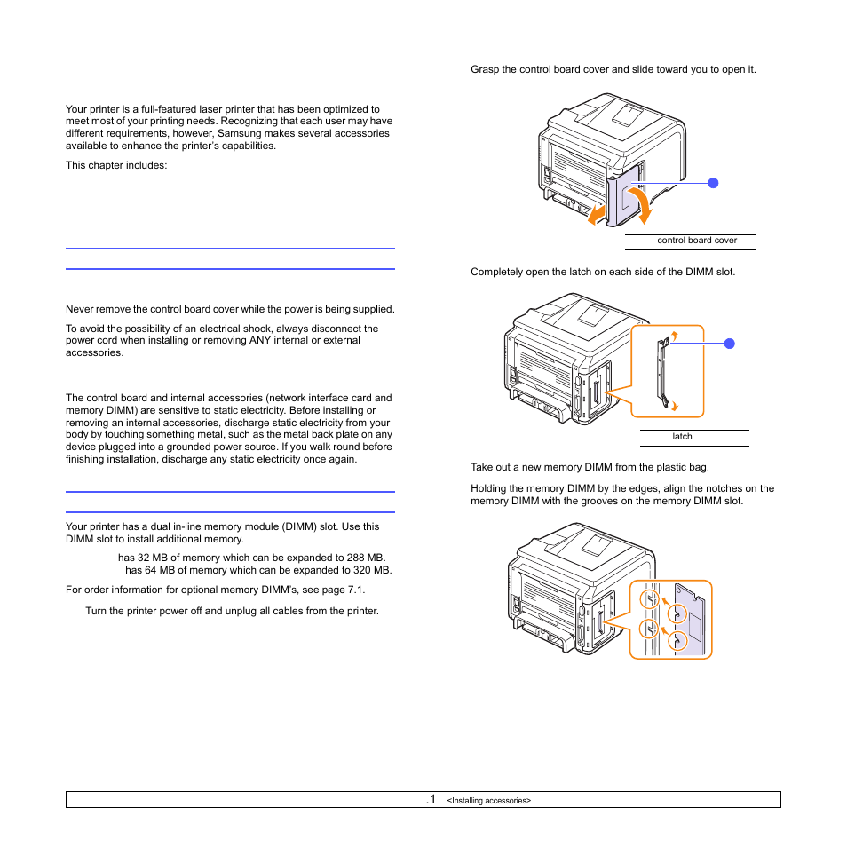 Installing accessories, Precautions when installing accessories, Installing a memory dimm | Samsung ML-3470 User Manual | Page 57 / 103