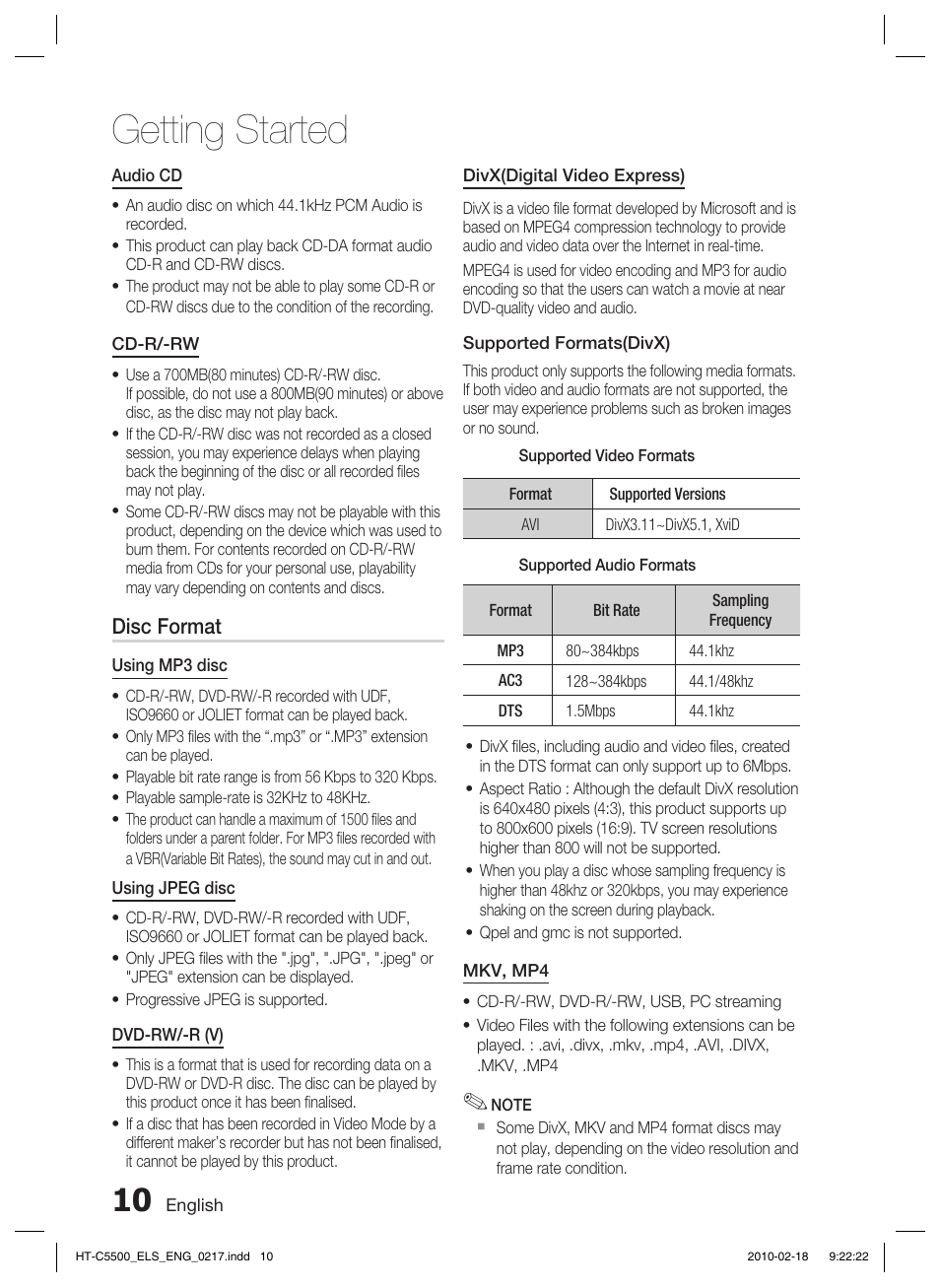 Getting started, Disc format | Samsung HT-C5550 User Manual | Page 10 / 69