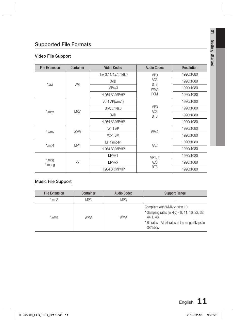 Supported file formats | Samsung HT-C5550 User Manual | Page 11 / 69