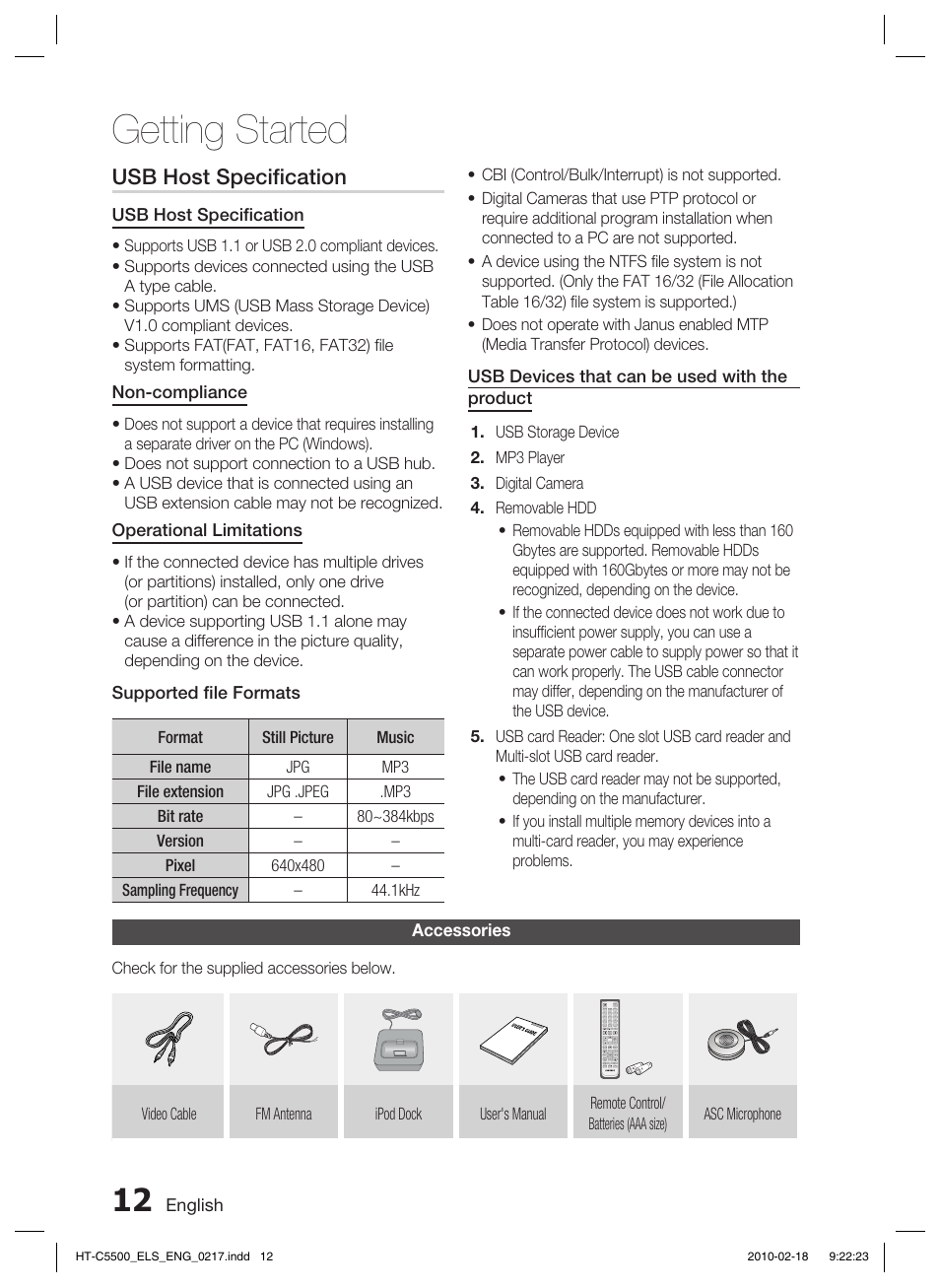 Usb host specifi cation, Accessories, Getting started | Usb host speciﬁ cation | Samsung HT-C5550 User Manual | Page 12 / 69