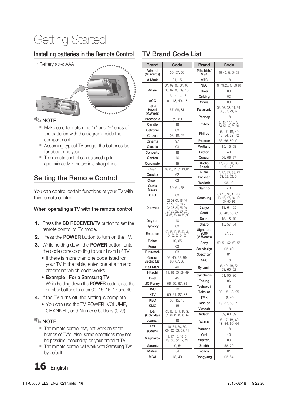 Installing batteries in the remote control, Tv brand code list, Setting the remote control | Getting started, English, Battery size: aaa | Samsung HT-C5550 User Manual | Page 16 / 69