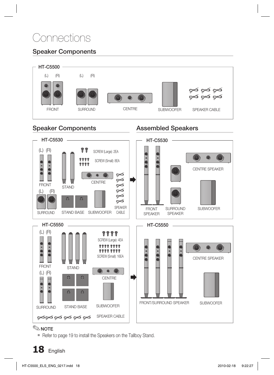 Speaker components, Connections, Speaker components assembled speakers | Samsung HT-C5550 User Manual | Page 18 / 69