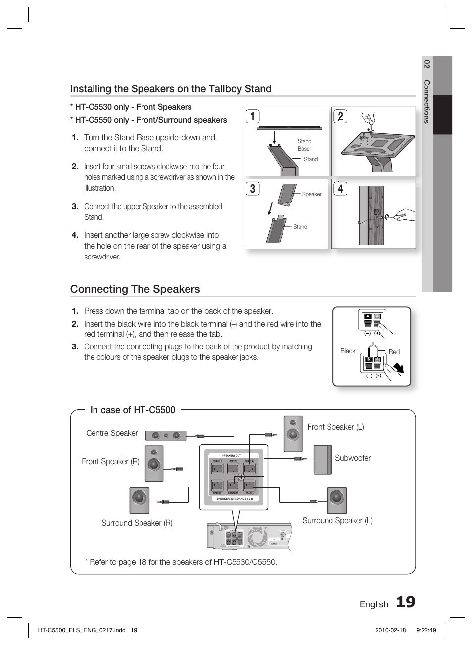 Installing the speakers on the tallboy stand, Connecting the speakers | Samsung HT-C5550 User Manual | Page 19 / 69