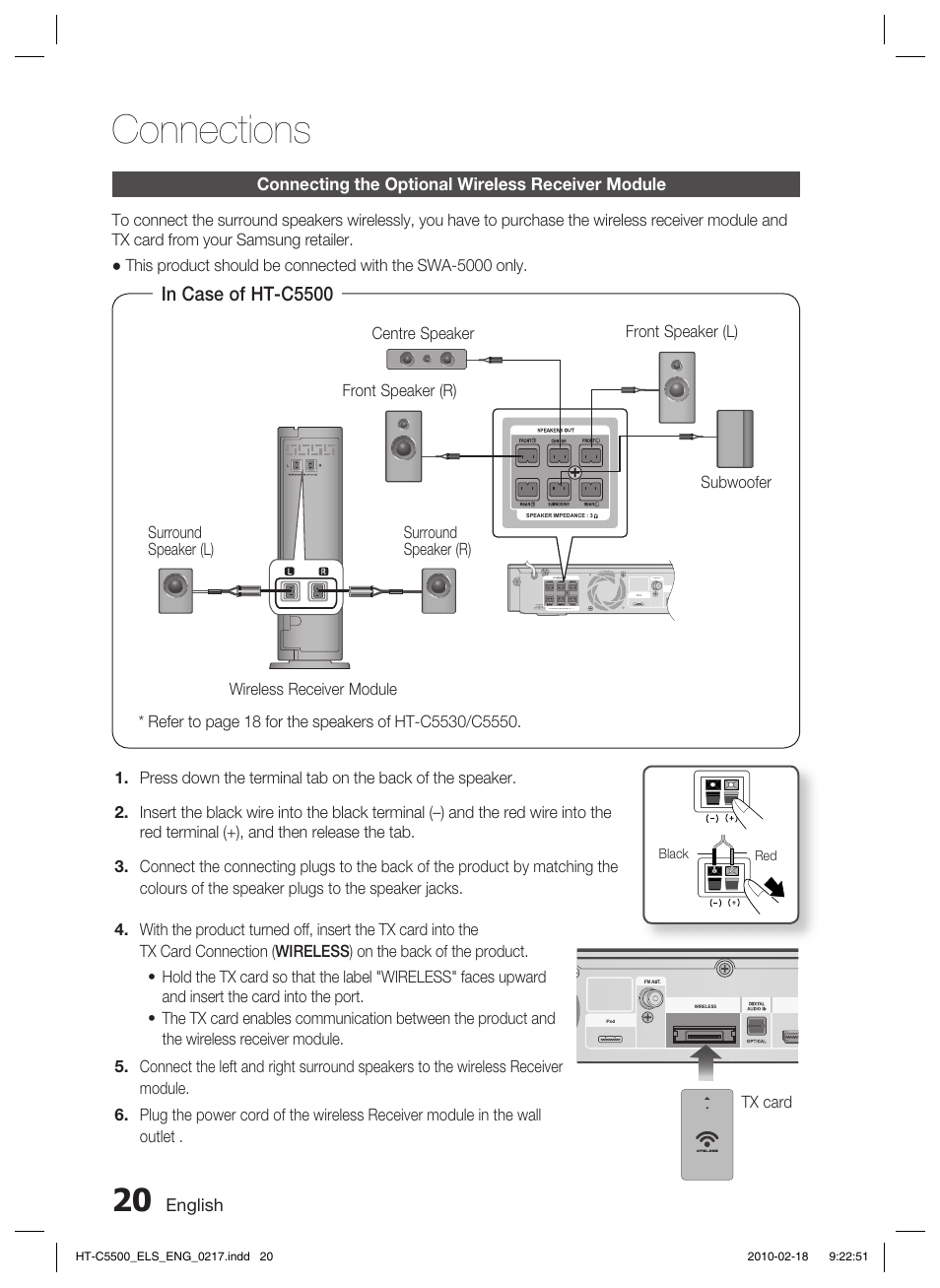 Connecting the optional wireless receiver module, Connections | Samsung HT-C5550 User Manual | Page 20 / 69