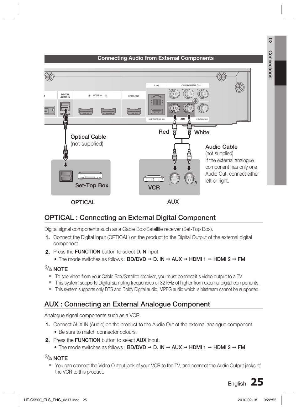 Connecting audio from external components, Optical : connecting an external digital component, Aux : connecting an external analogue component | Samsung HT-C5550 User Manual | Page 25 / 69