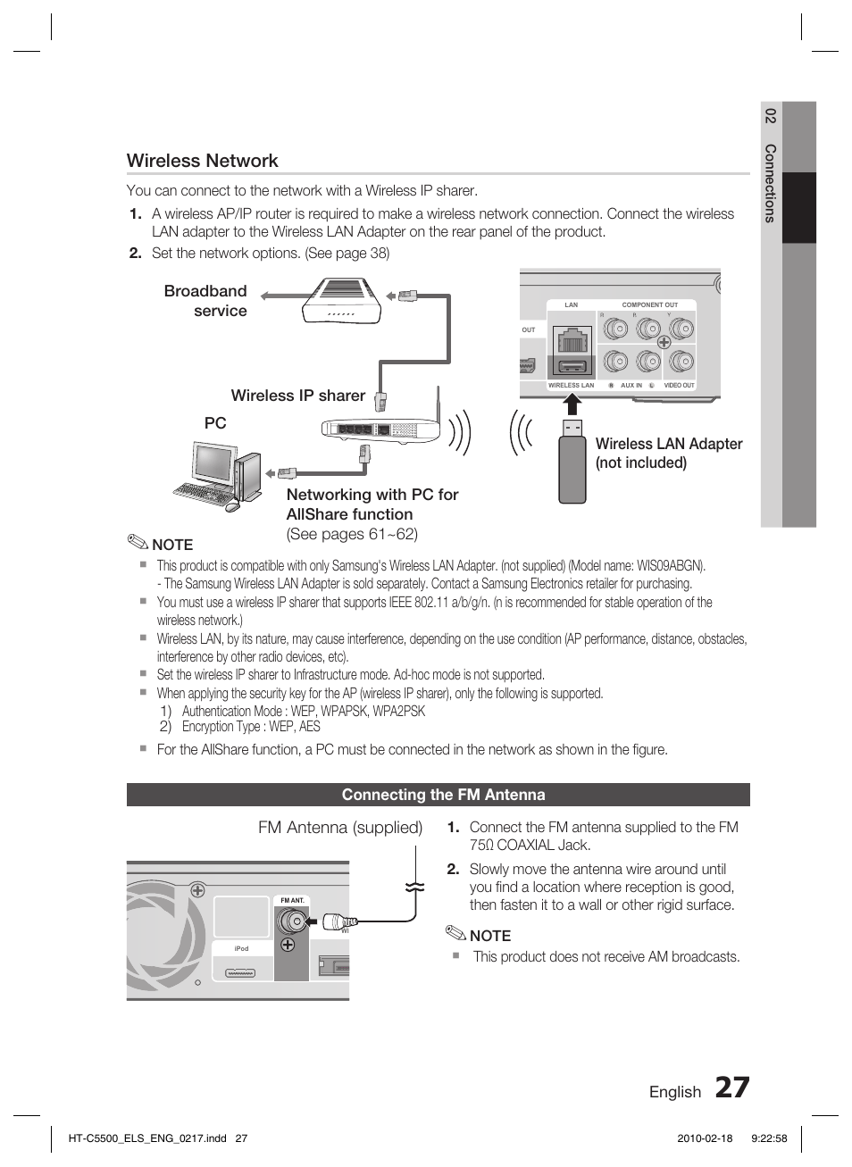 Connecting the fm antenna, Wireless network, Fm antenna (supplied) | Samsung HT-C5550 User Manual | Page 27 / 69