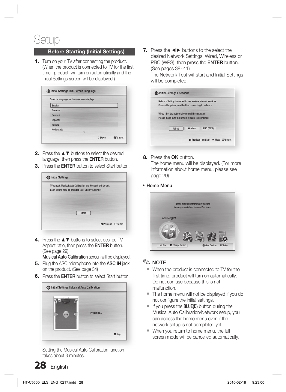 Before starting (initial settings), Setup, English | Home menu | Samsung HT-C5550 User Manual | Page 28 / 69