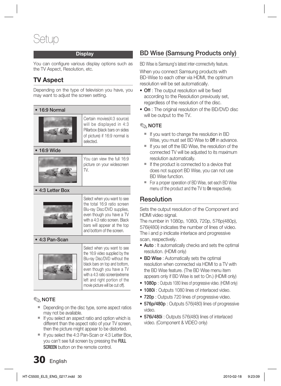 Display, Setup | Samsung HT-C5550 User Manual | Page 30 / 69