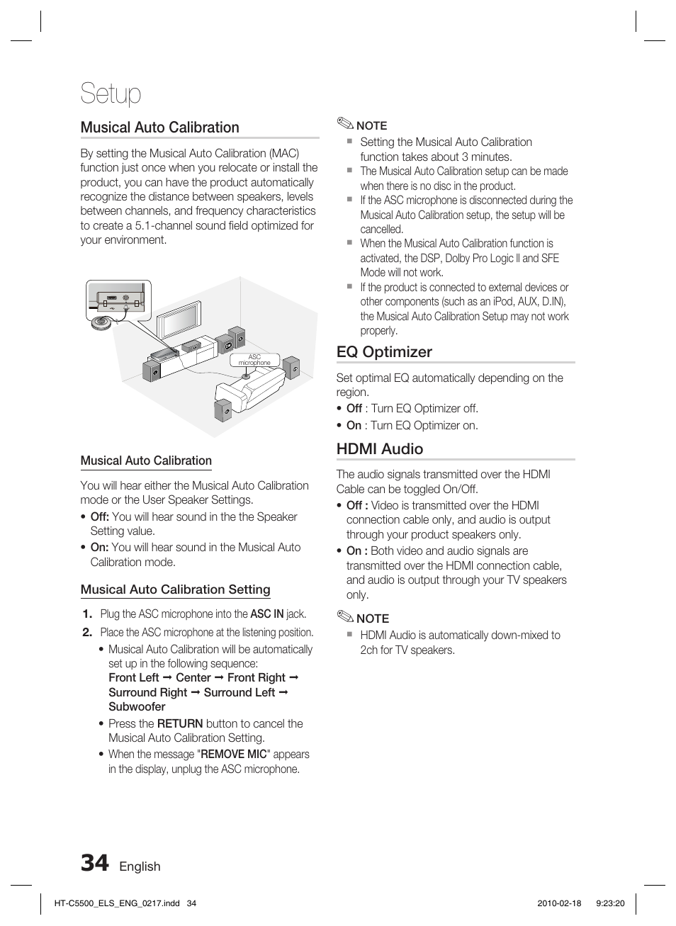 Musical auto calibration, Setup, Eq optimizer | Hdmi audio | Samsung HT-C5550 User Manual | Page 34 / 69