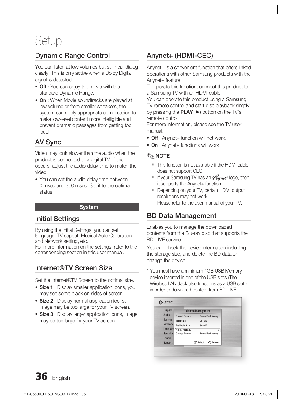 Dynamic range control, System, Setup | Av sync, Initial settings, Internet@tv screen size, Anynet+ (hdmi-cec), Bd data management | Samsung HT-C5550 User Manual | Page 36 / 69