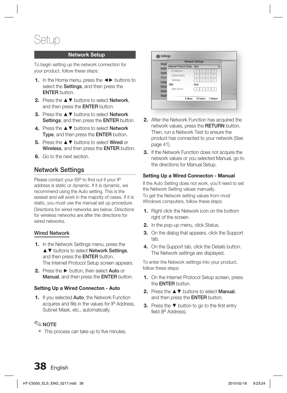 Network setup, Setup, Network settings | Samsung HT-C5550 User Manual | Page 38 / 69