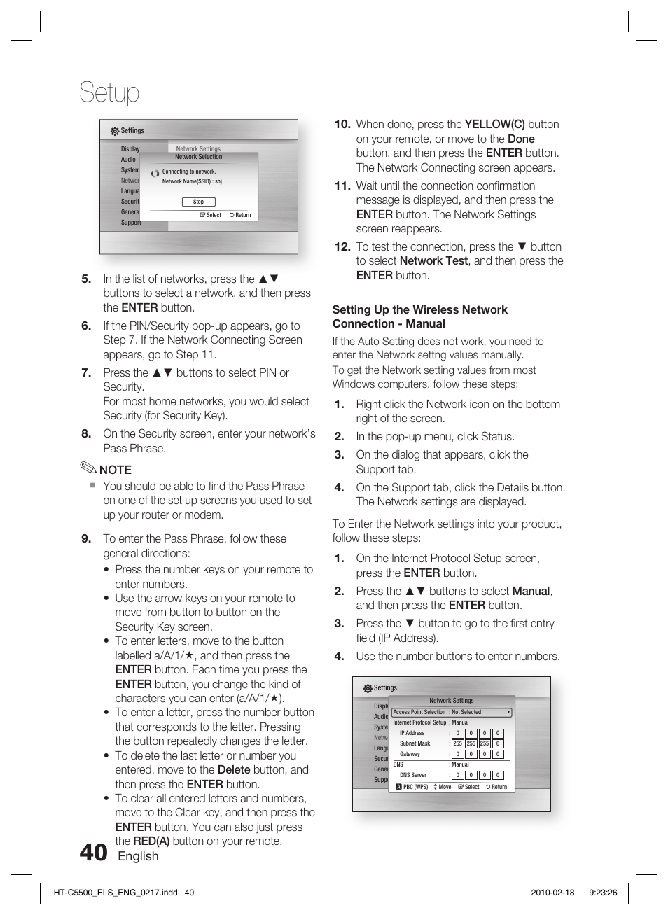 Setup, English | Samsung HT-C5550 User Manual | Page 40 / 69