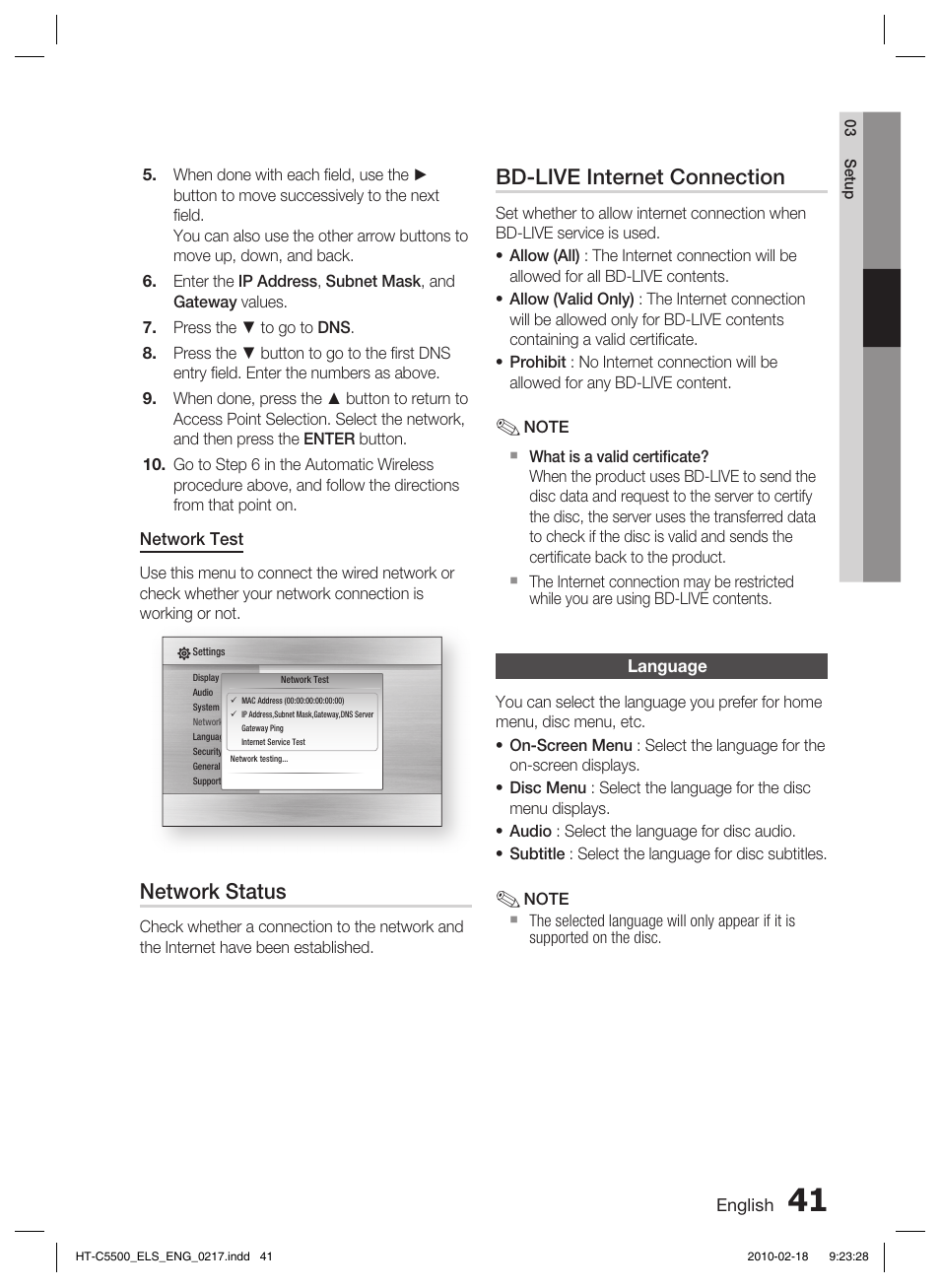 Language, Network status, Bd-live internet connection | Samsung HT-C5550 User Manual | Page 41 / 69