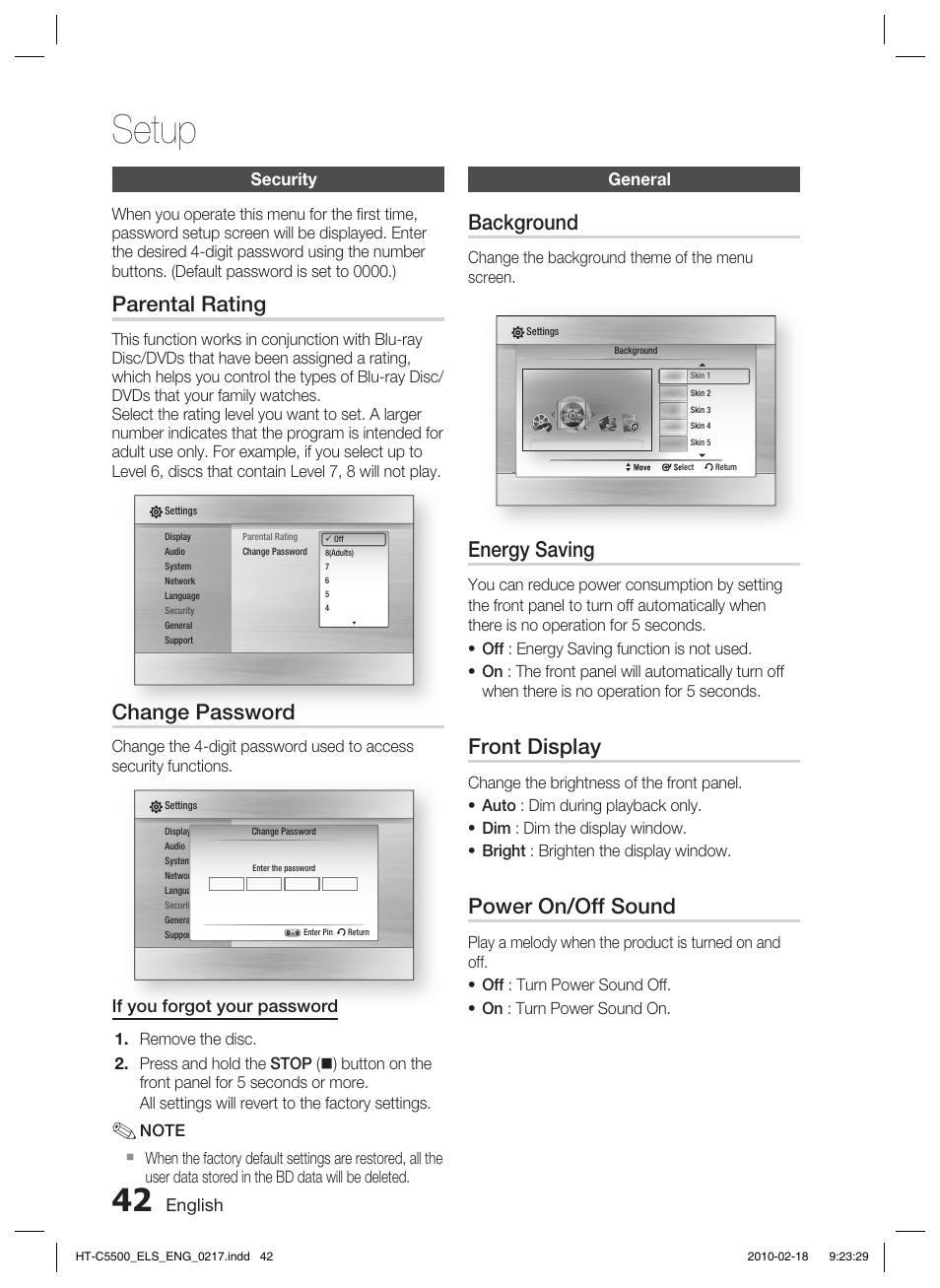 Security, General, Setup | Parental rating, Change password, Background, Energy saving, Front display, Power on/off sound, English | Samsung HT-C5550 User Manual | Page 42 / 69