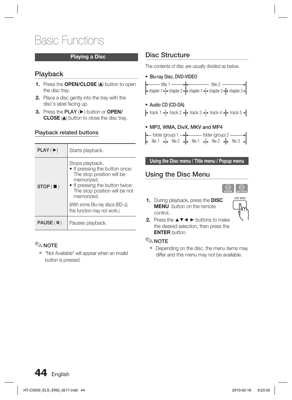 Playing a disc, Using the disc menu / title menu / popup menu, Basic functions | Playback, Disc structure, Using the disc menu | Samsung HT-C5550 User Manual | Page 44 / 69