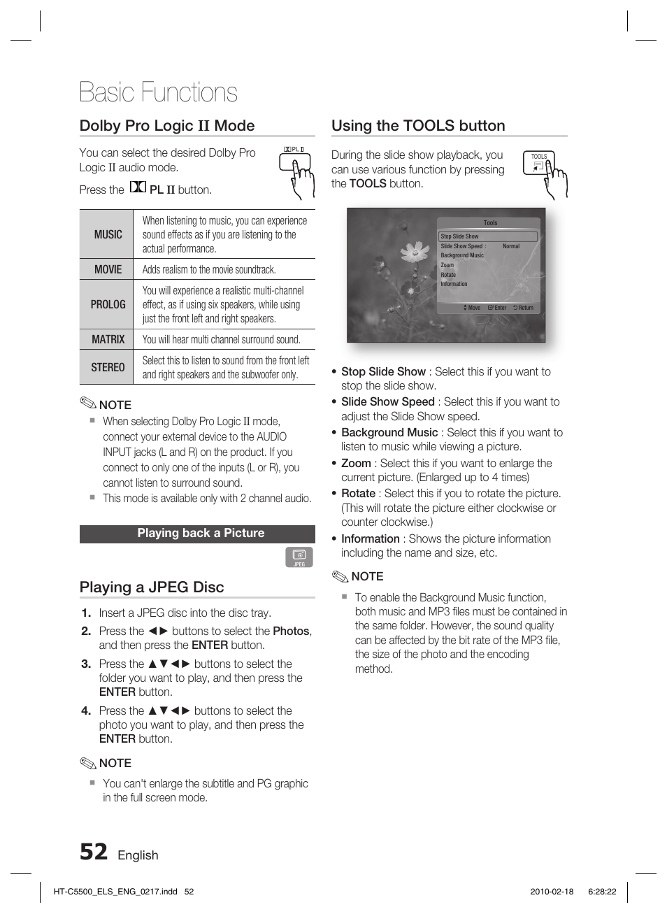 Playing back a picture, Basic functions, Using the tools button | Dolby pro logic ii mode, Playing a jpeg disc | Samsung HT-C5550 User Manual | Page 52 / 69