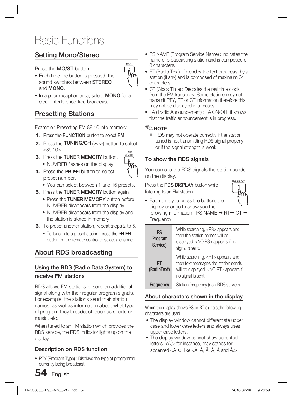 Basic functions, Setting mono/stereo, Presetting stations | About rds broadcasting | Samsung HT-C5550 User Manual | Page 54 / 69