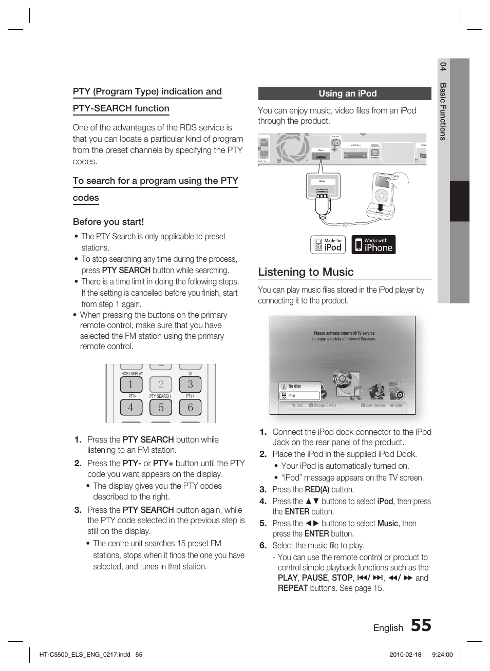 Using an ipod, Listening to music, English | Samsung HT-C5550 User Manual | Page 55 / 69