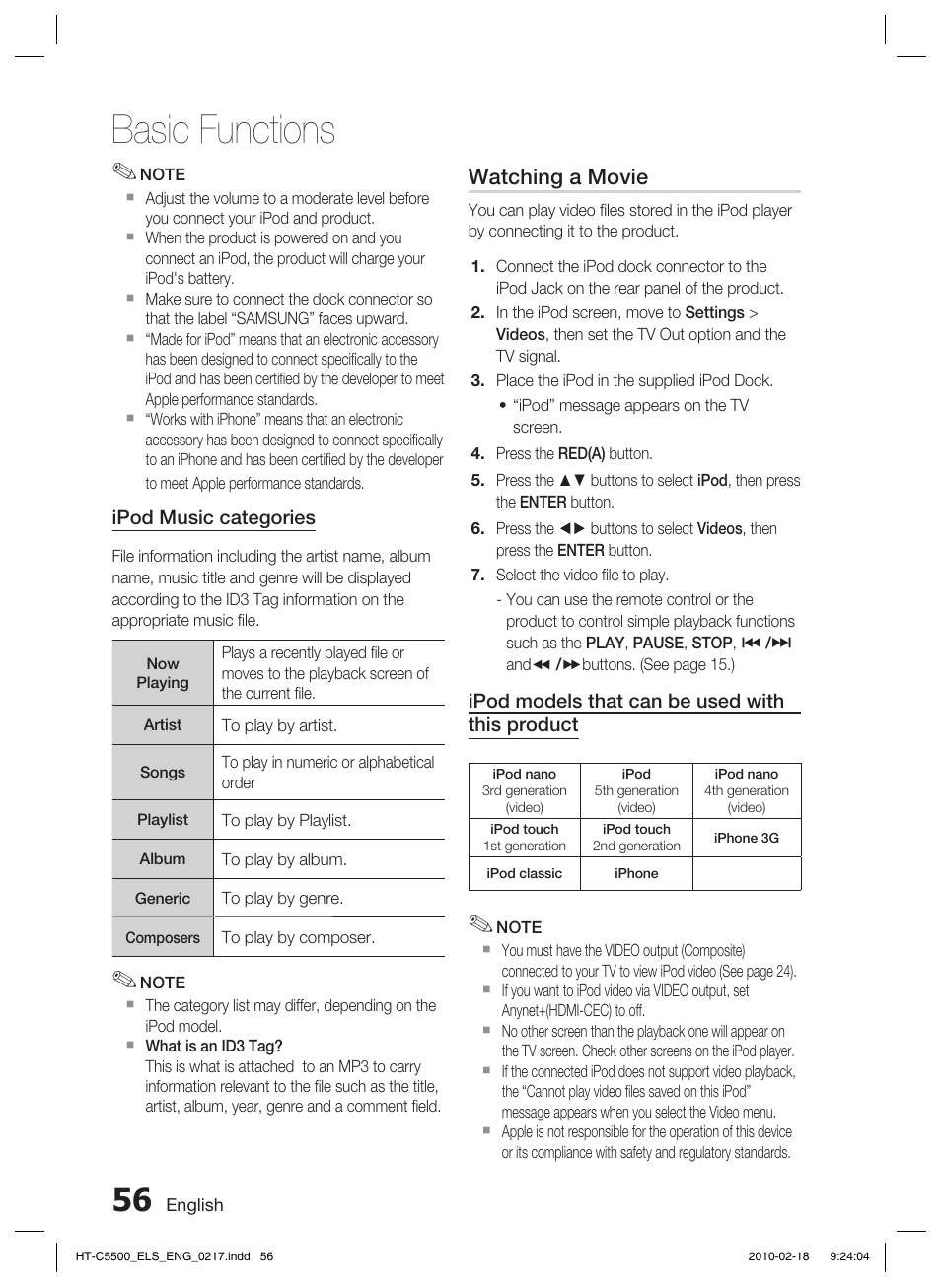 Basic functions, Watching a movie | Samsung HT-C5550 User Manual | Page 56 / 69