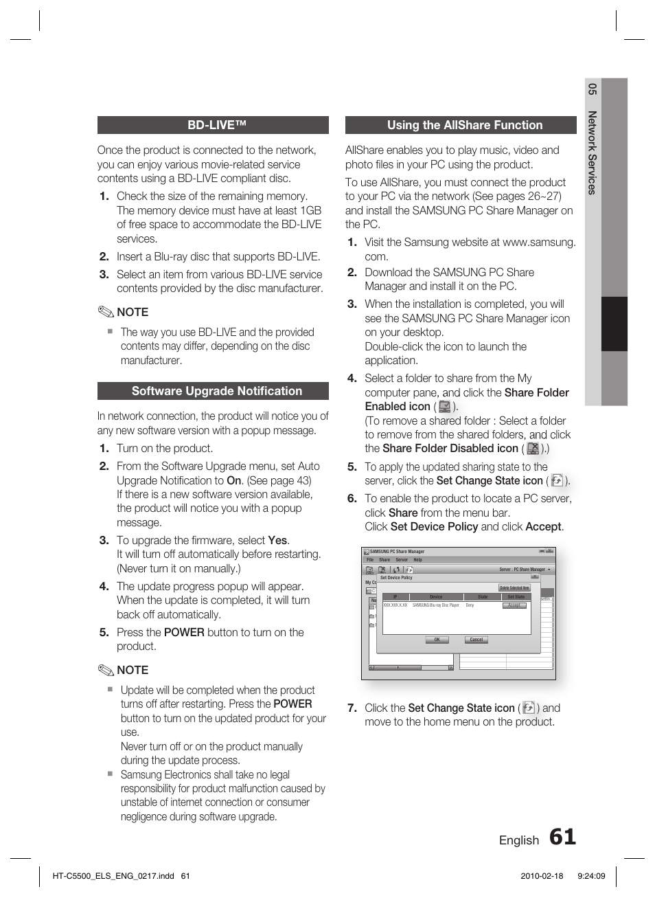 Bd-live, Software upgrade notifi cation, Using the allshare function | English, Software upgrade notiﬁ cation | Samsung HT-C5550 User Manual | Page 61 / 69