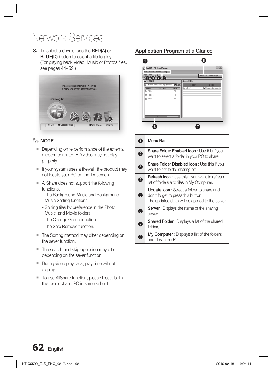 Troubleshooting, Network services, English | Application program at a glance | Samsung HT-C5550 User Manual | Page 62 / 69