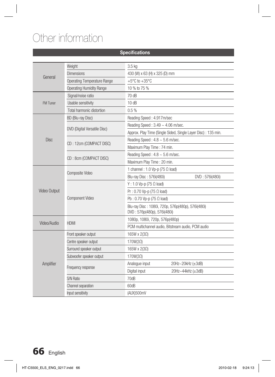 Specifi cations, Other information | Samsung HT-C5550 User Manual | Page 66 / 69