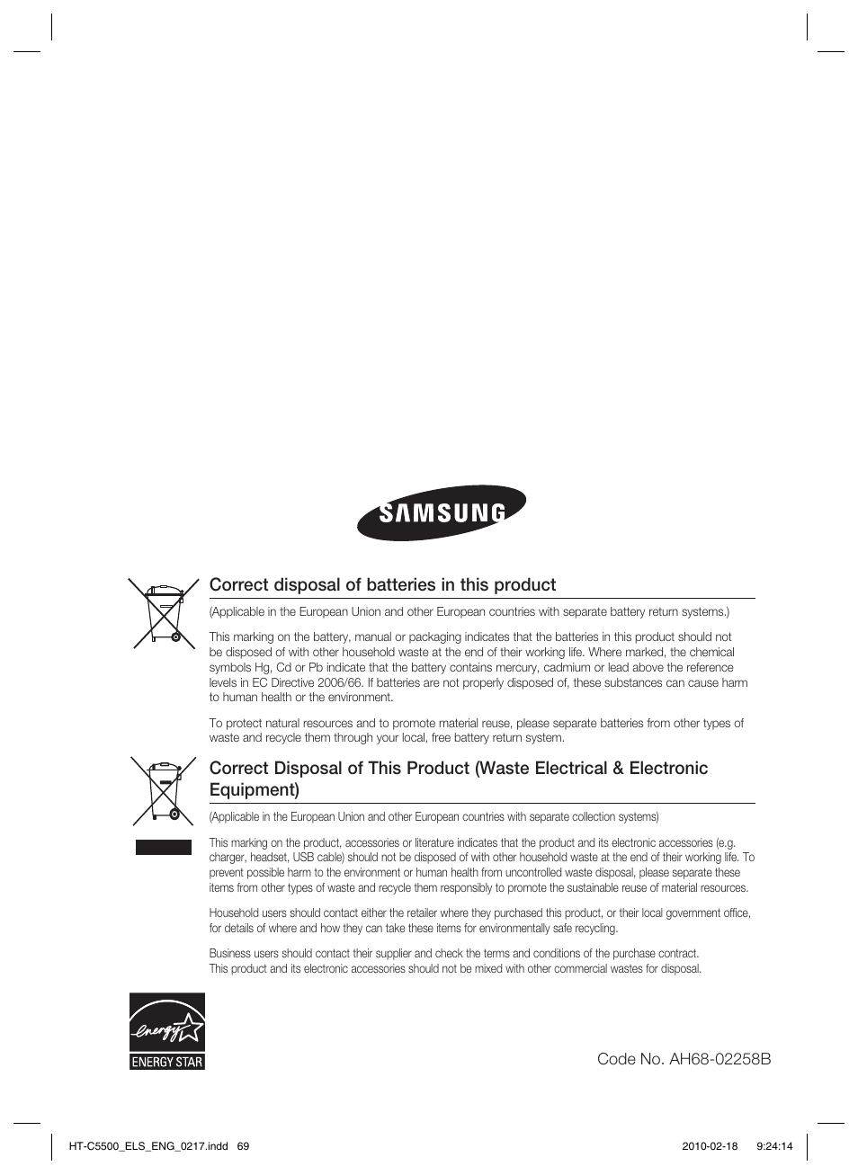 Correct disposal of batteries in this product | Samsung HT-C5550 User Manual | Page 69 / 69