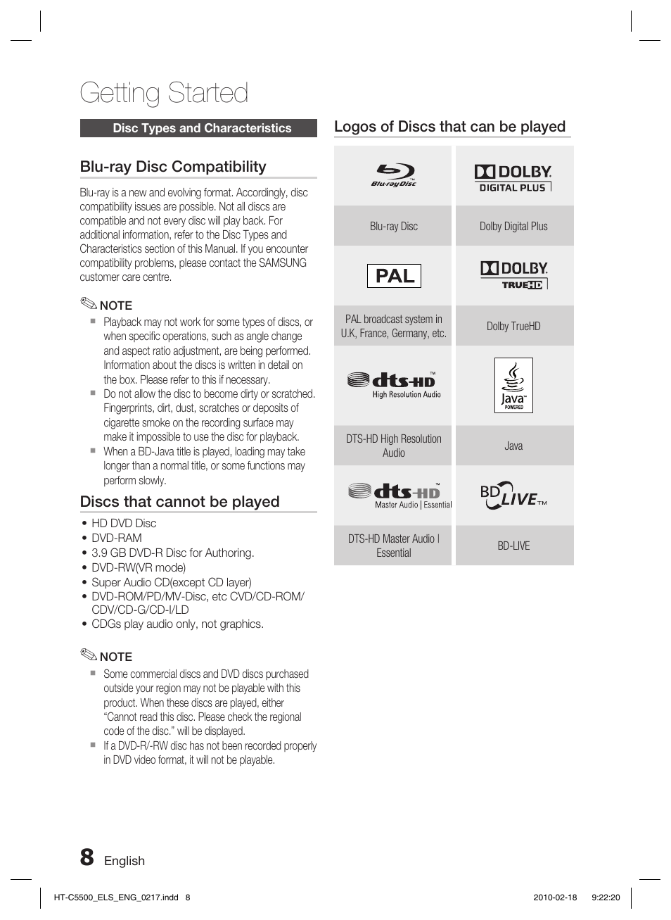 Disc types and characteristics, Getting started | Samsung HT-C5550 User Manual | Page 8 / 69