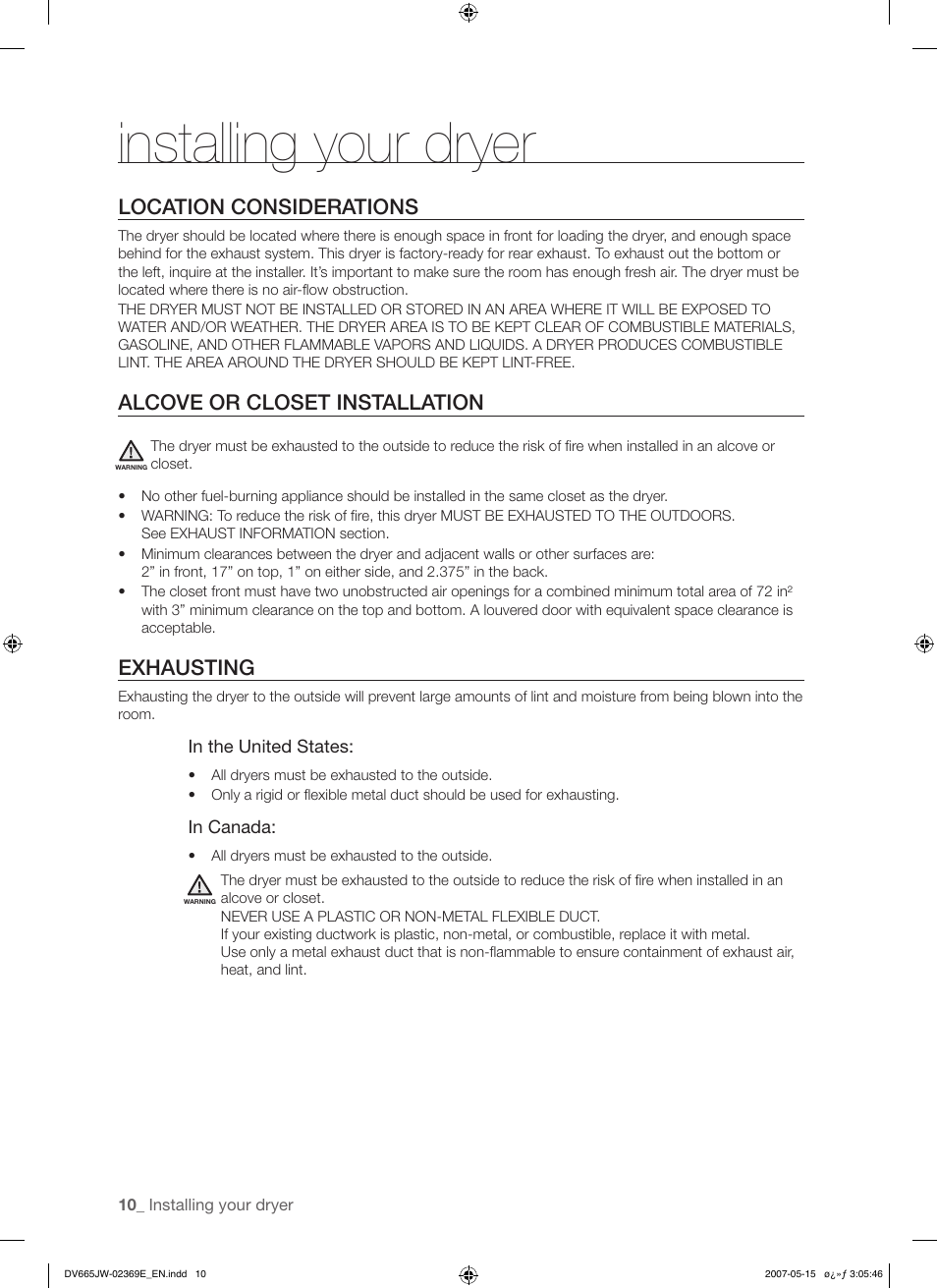 Installing your dryer, Location considerations, Alcove or closet installation | Exhausting | Samsung DV665J User Manual | Page 10 / 60