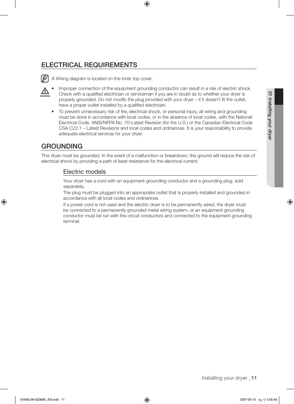 Electrical requirements, Grounding, Electric models | Samsung DV665J User Manual | Page 11 / 60