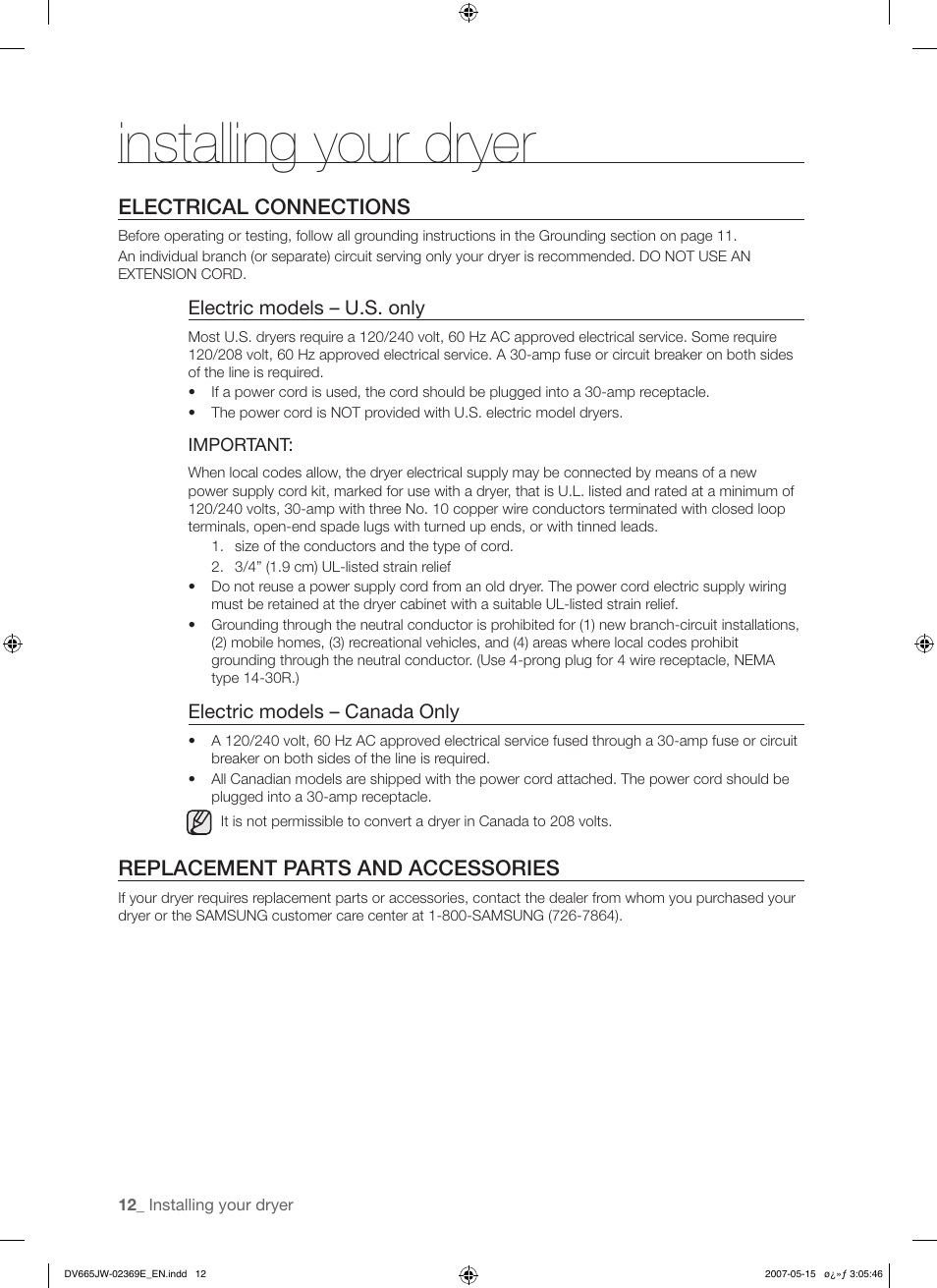 Installing your dryer, Electrical connections, Replacement parts and accessories | Samsung DV665J User Manual | Page 12 / 60