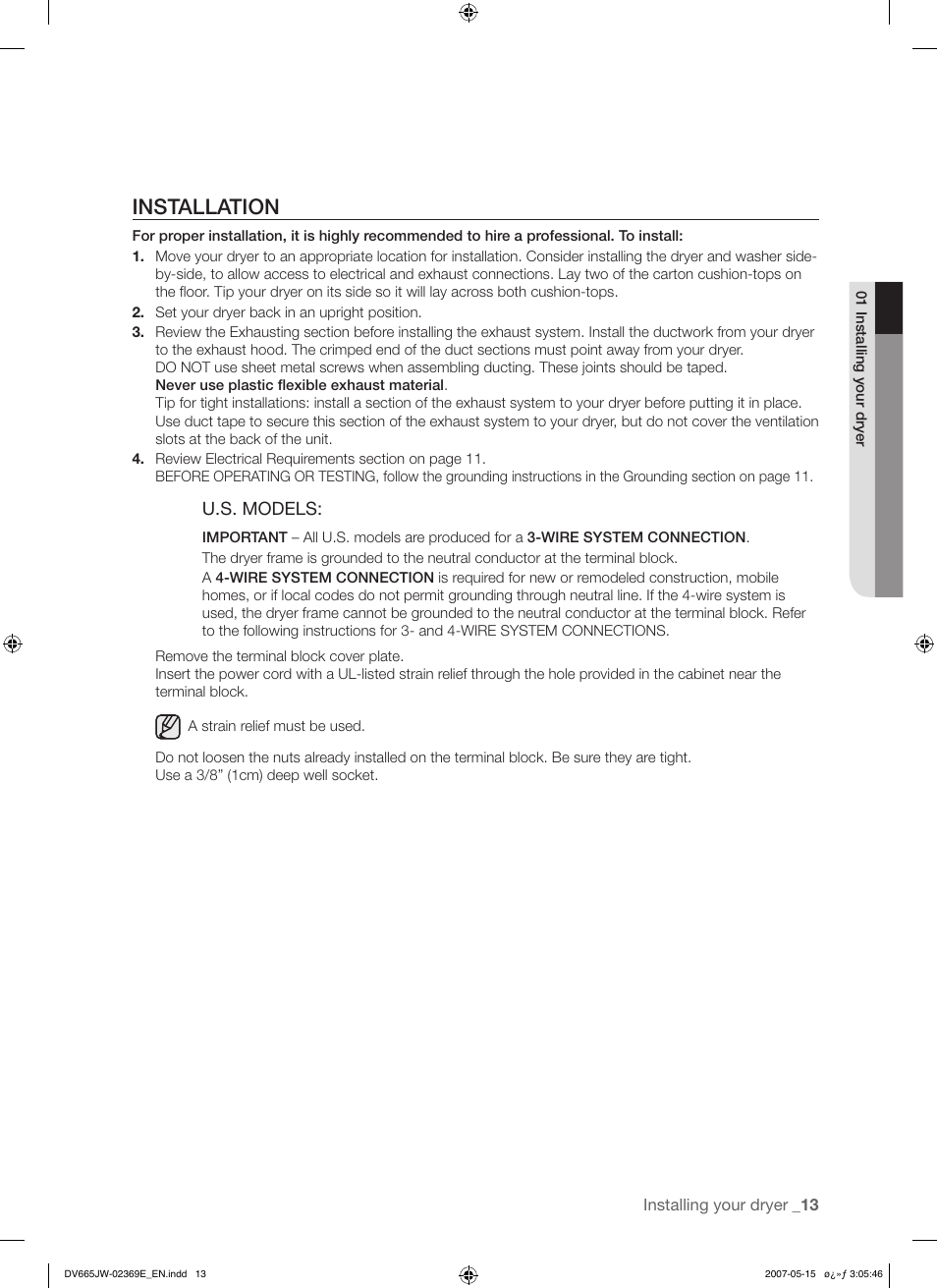 Installation | Samsung DV665J User Manual | Page 13 / 60