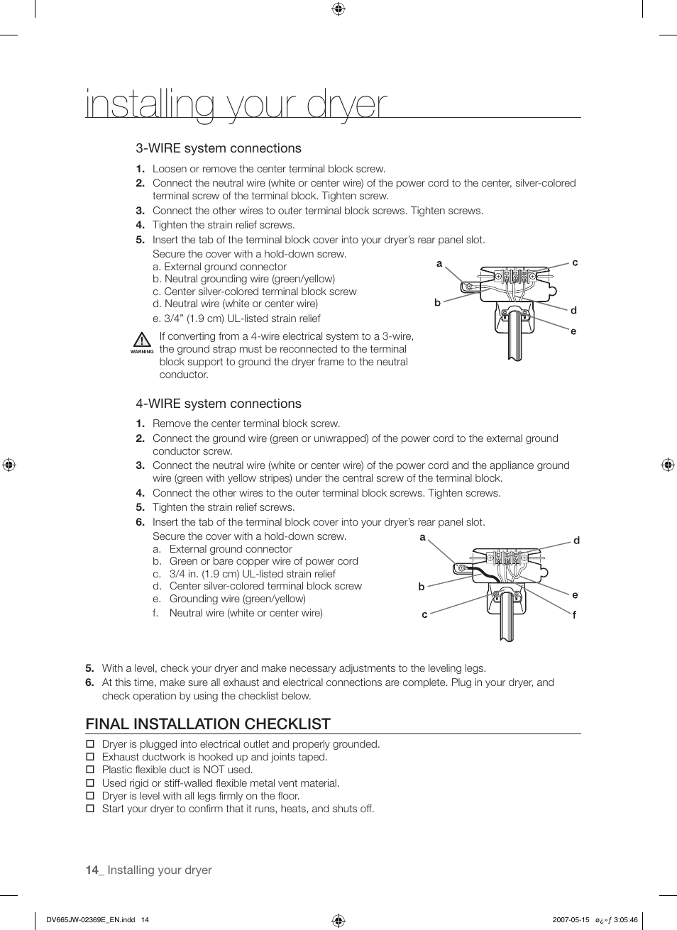 Installing your dryer, Final installation checklist | Samsung DV665J User Manual | Page 14 / 60