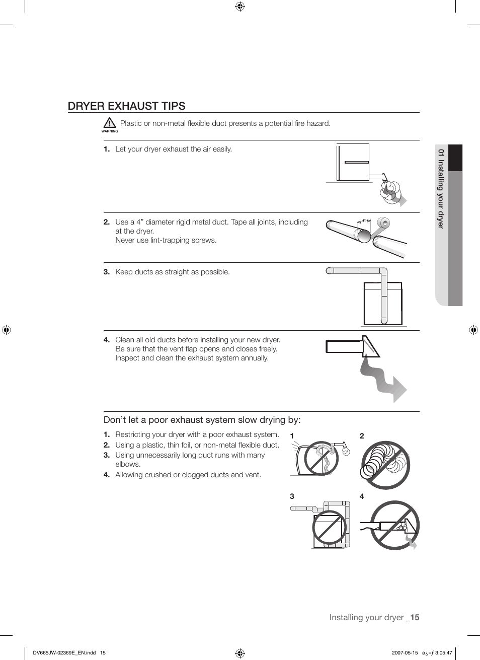 Dryer exhaust tips | Samsung DV665J User Manual | Page 15 / 60