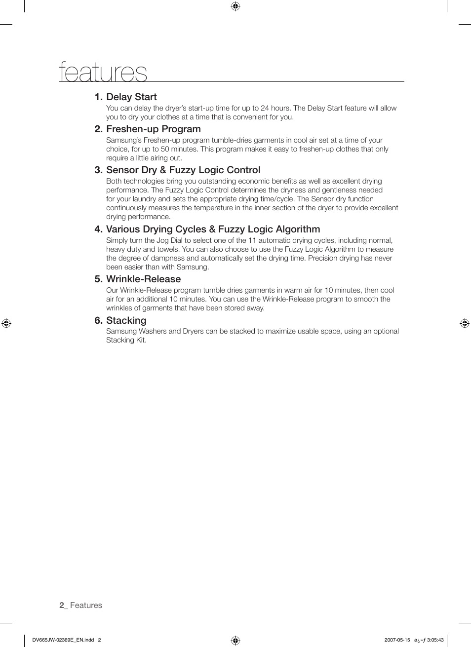 Features | Samsung DV665J User Manual | Page 2 / 60
