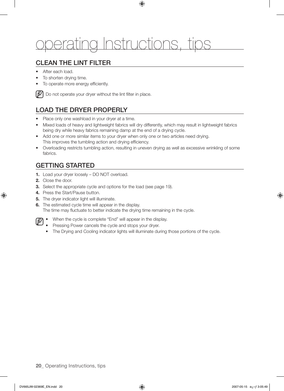 Operating instructions, tips | Samsung DV665J User Manual | Page 20 / 60